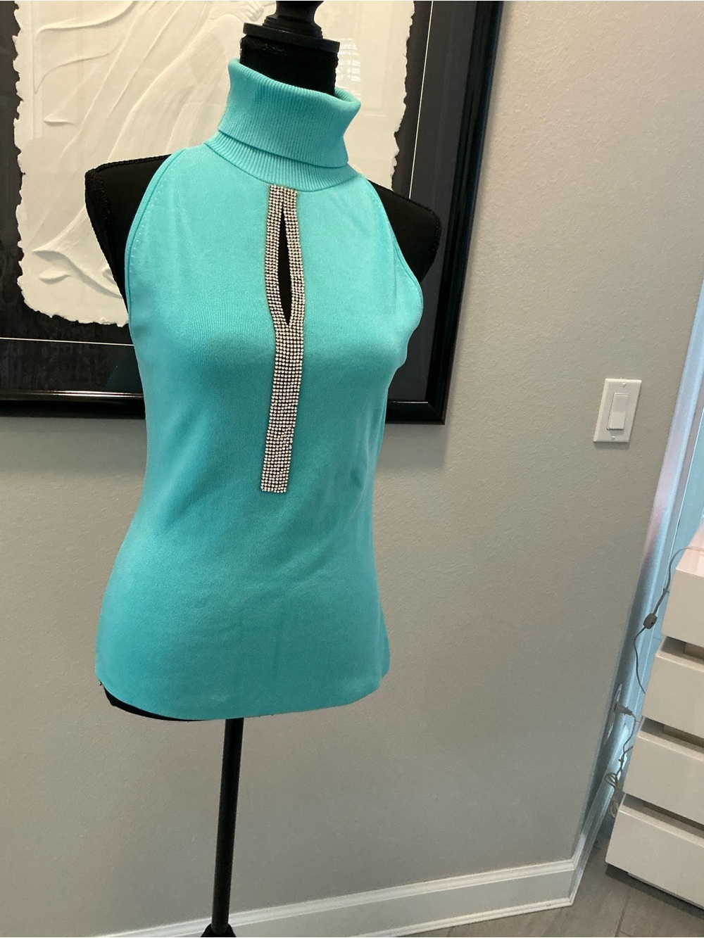 Cache women’s large turquoise sleeveless turtleneck rhinestone evening, Top - Picture 6 of 10